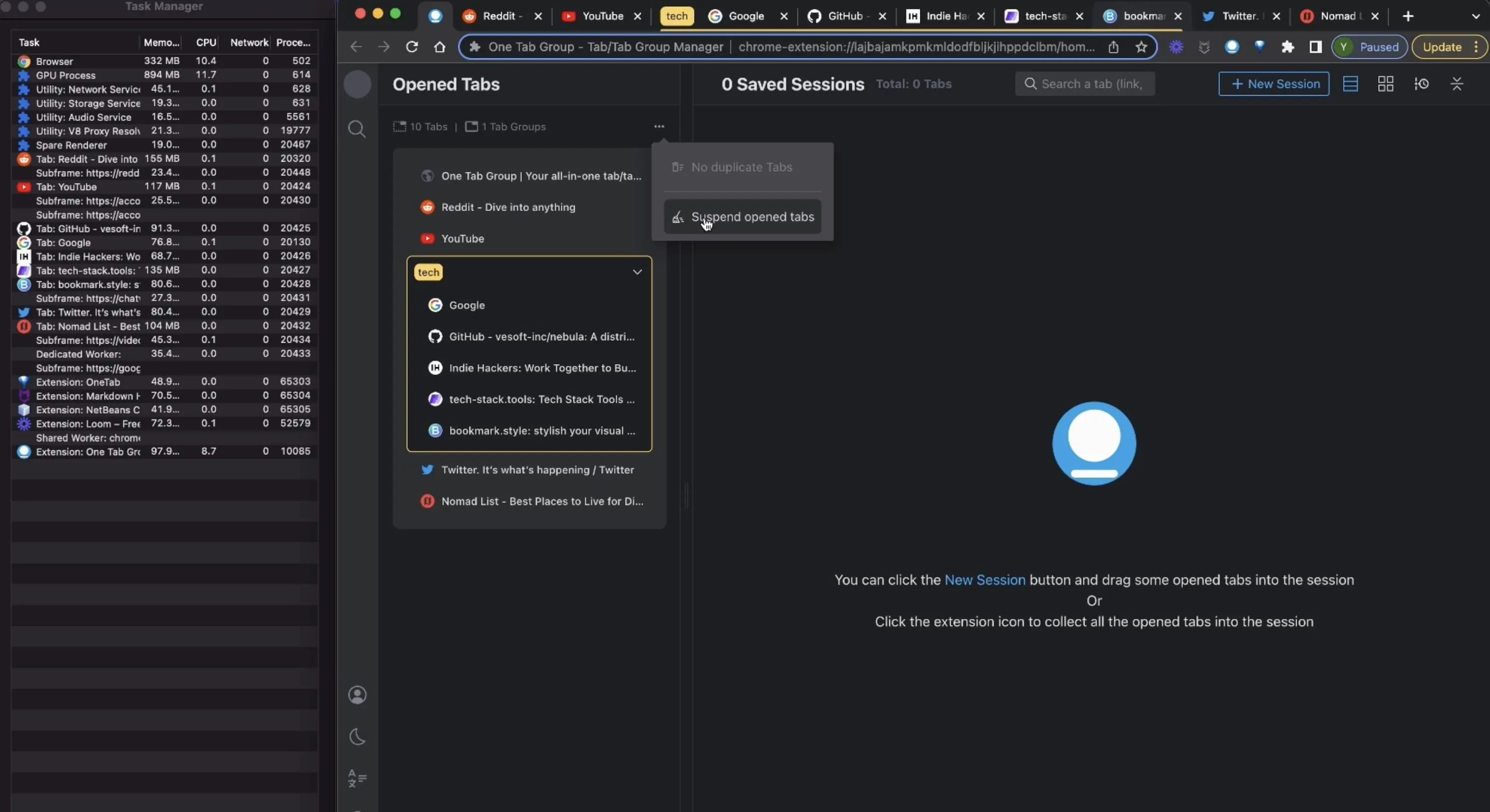 Browser memory usage before suspending tabs