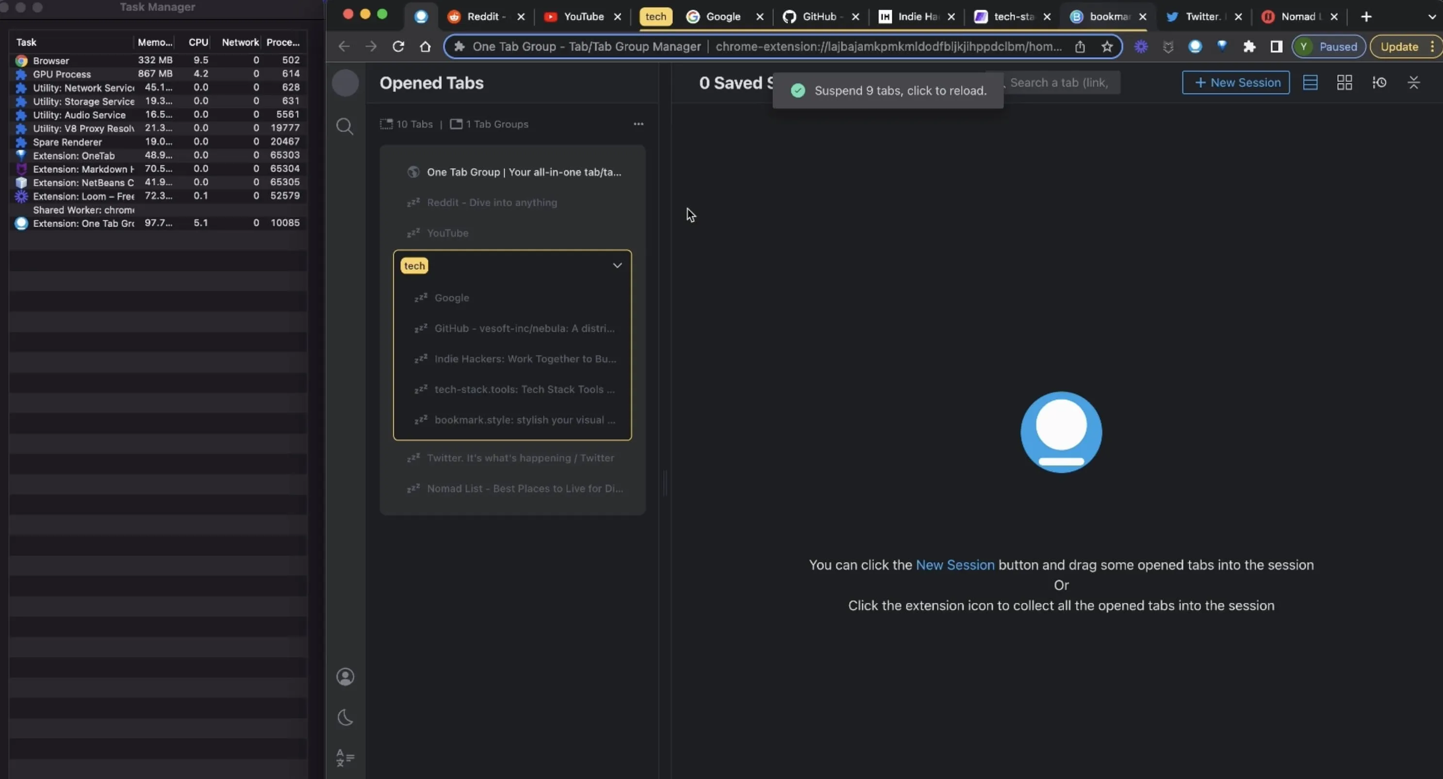Browser memory usage after suspending tabs