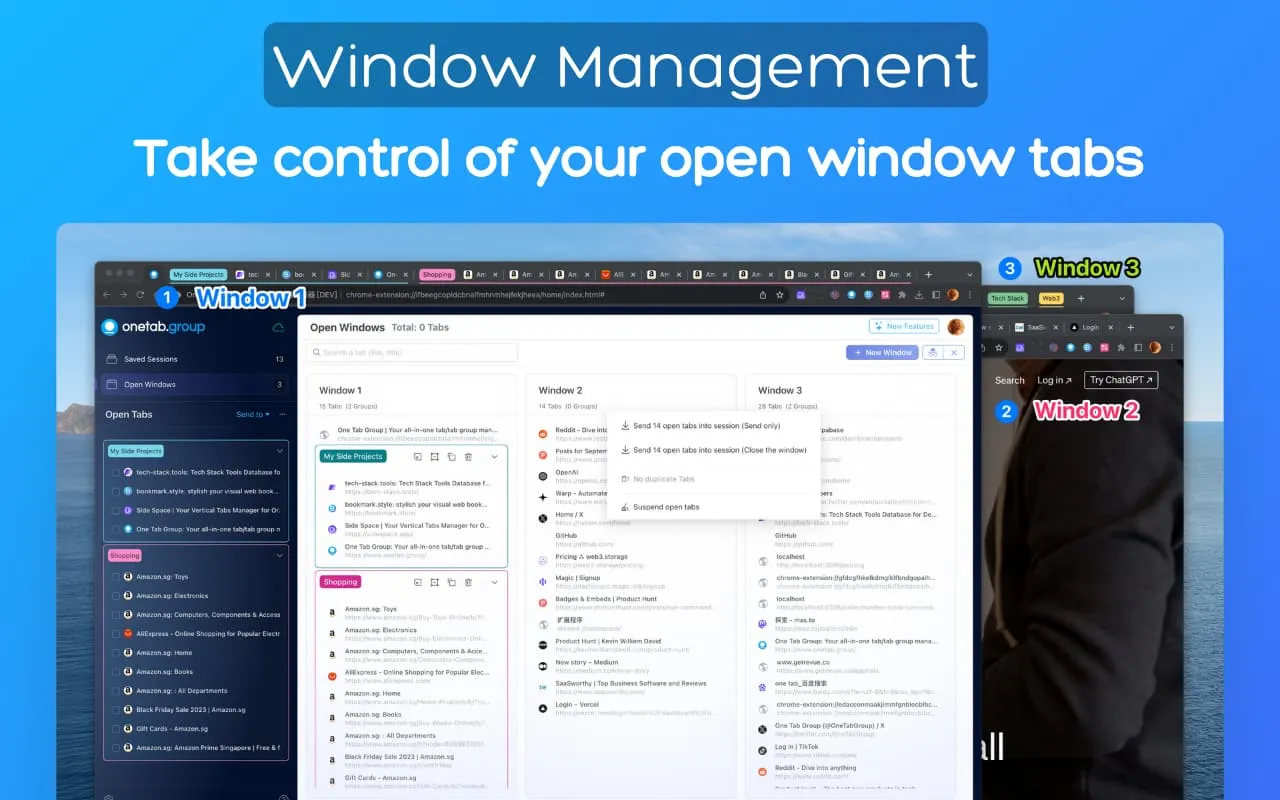 Open windows panel showing all browser windows