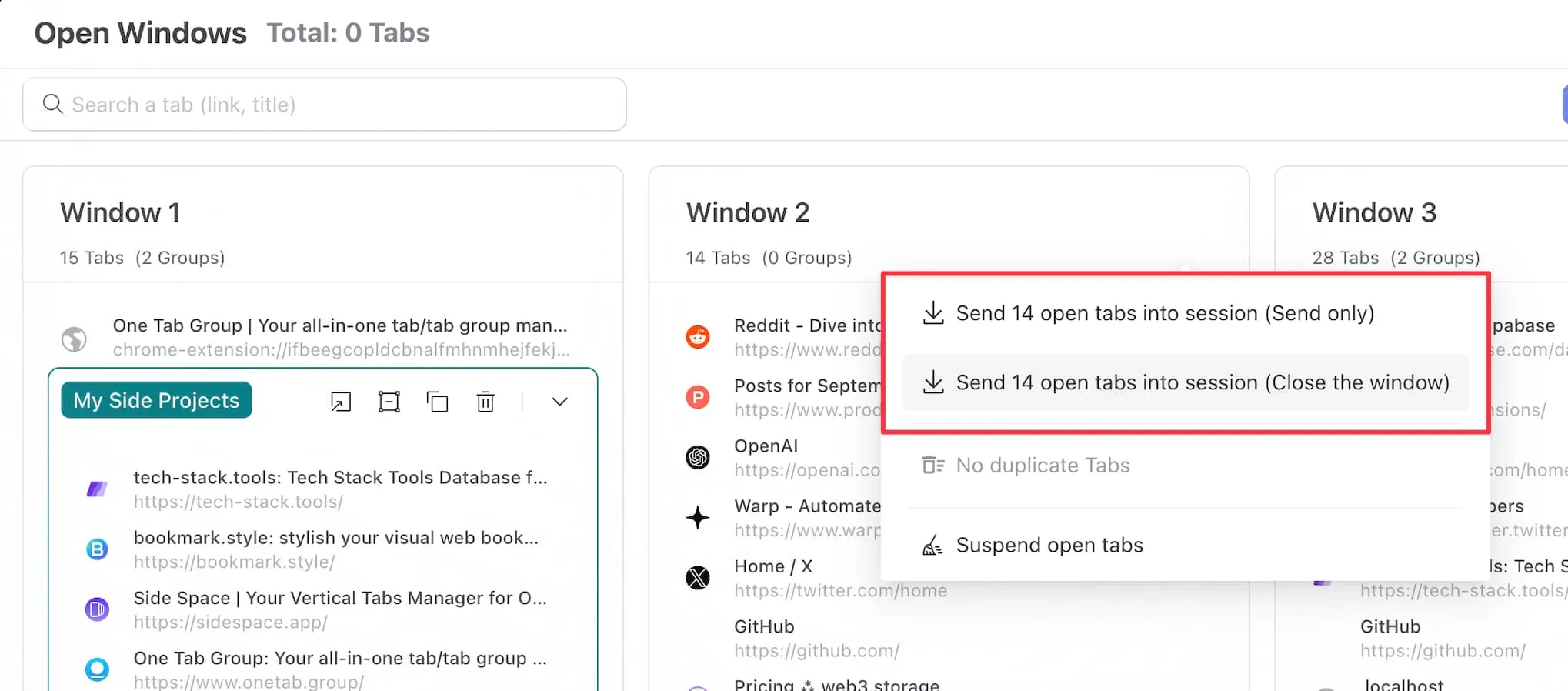 Save tabs into sessions for easy access