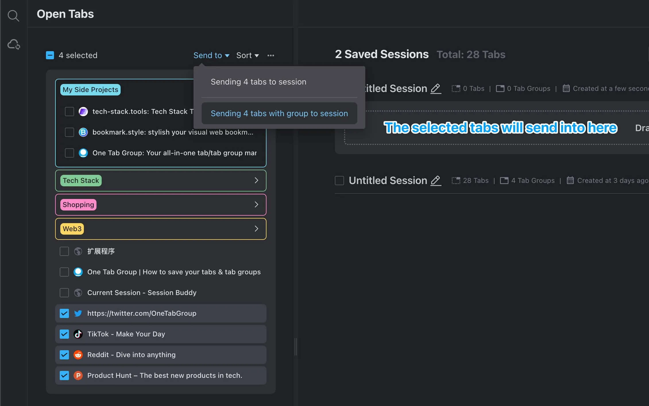 Send hand-picked tabs to a session