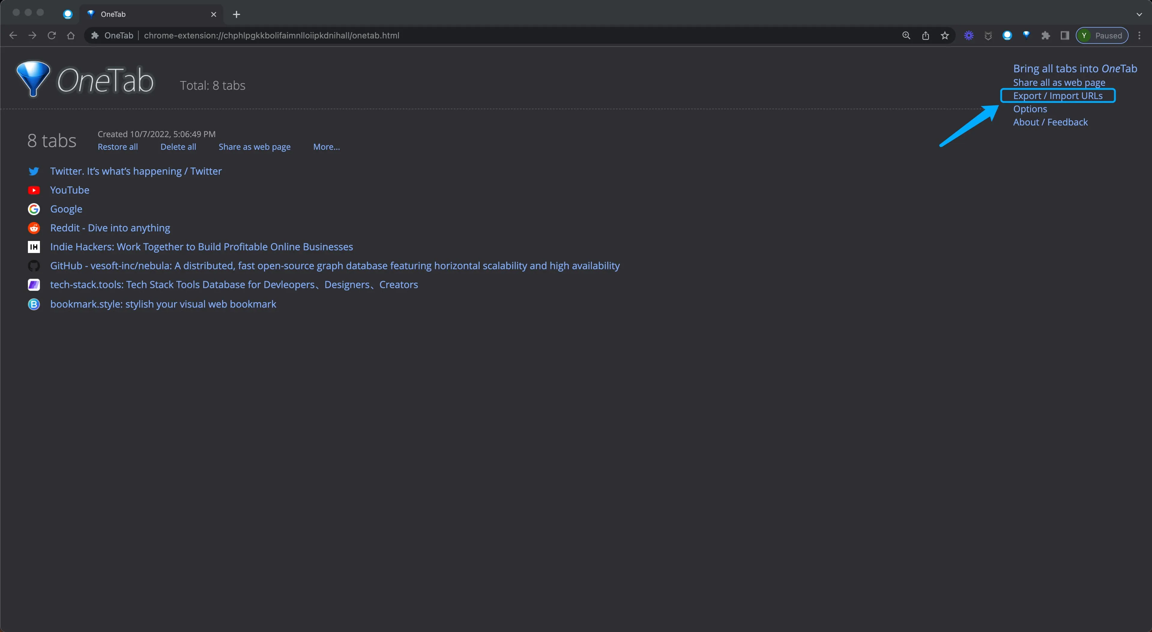 Click Export/Import URLs in OneTab