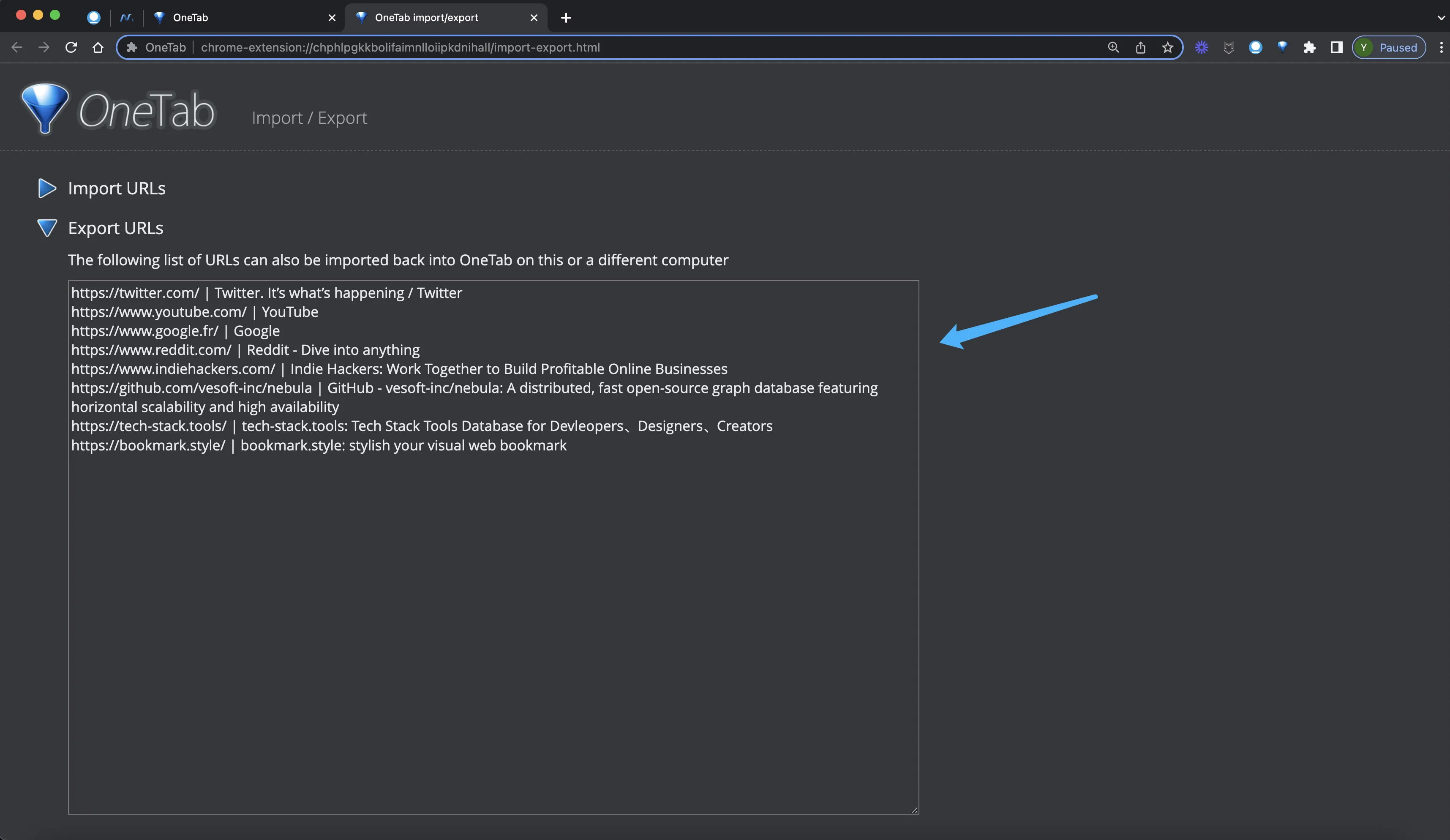 Copy URLs from OneTab to migrate