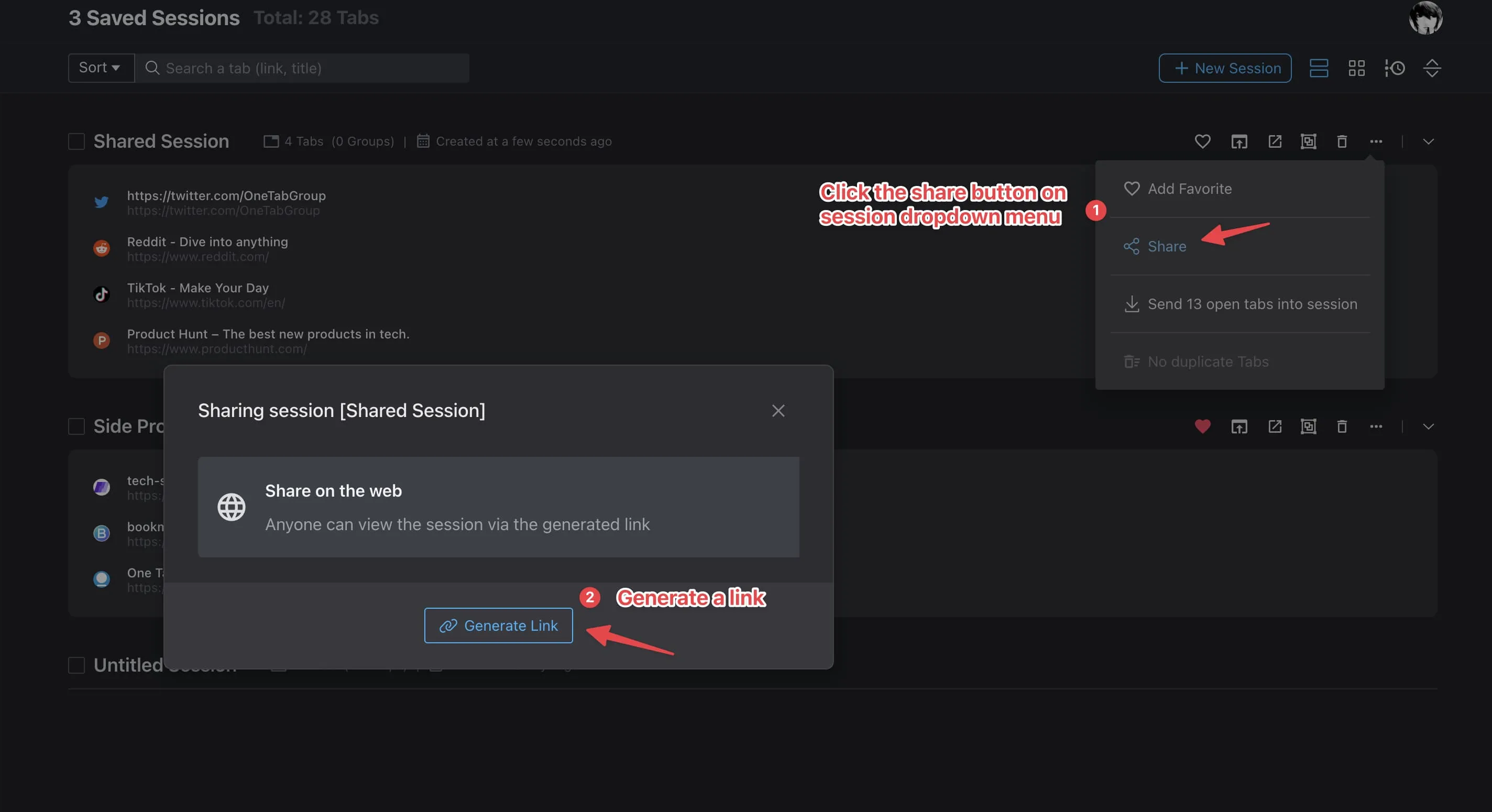 Generate shareable link for session