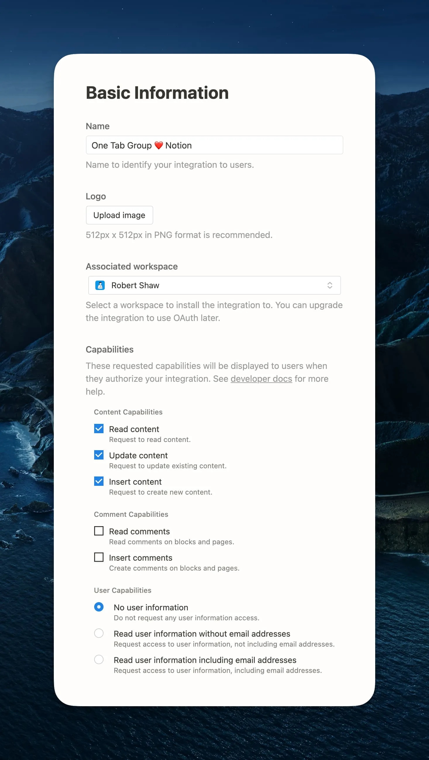 Create integration in Notion