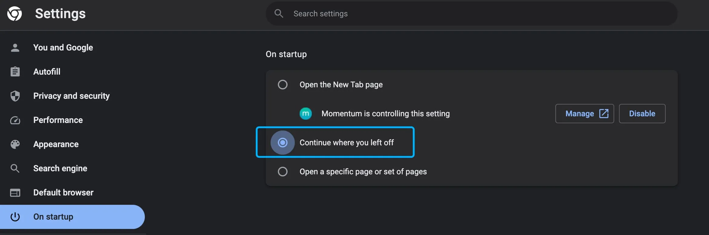 Continue where you left off browser setting