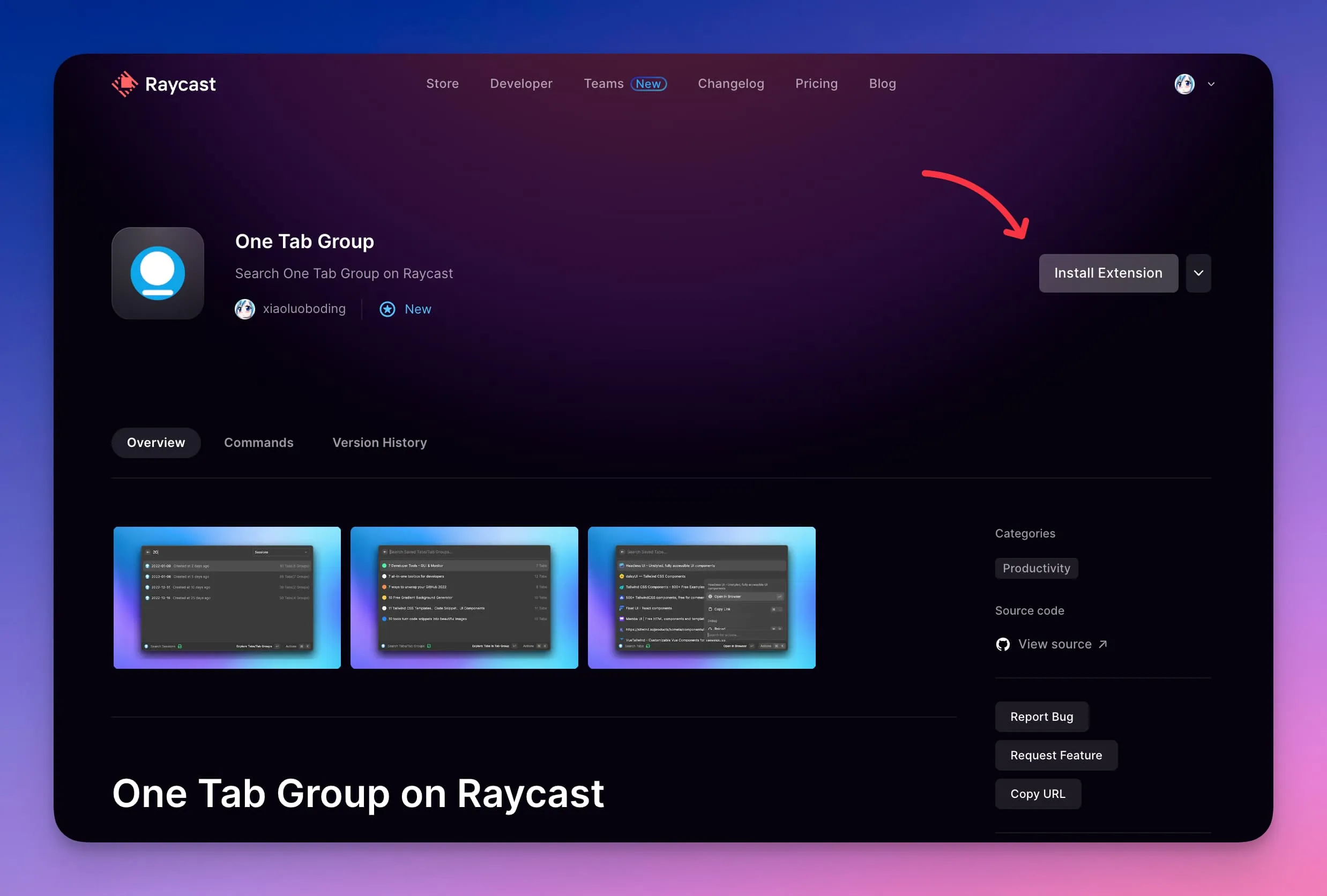 Install Tab Deck via Raycast web page